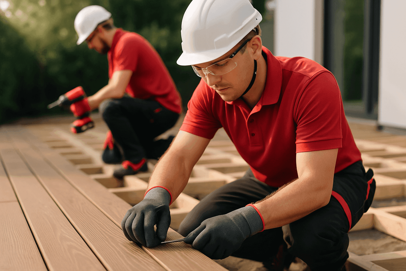 Professional decking installation with workers measuring and fastening wooden boards outdoors